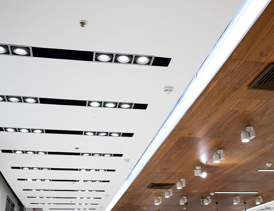 led lights on the ceiling of a commercial building
