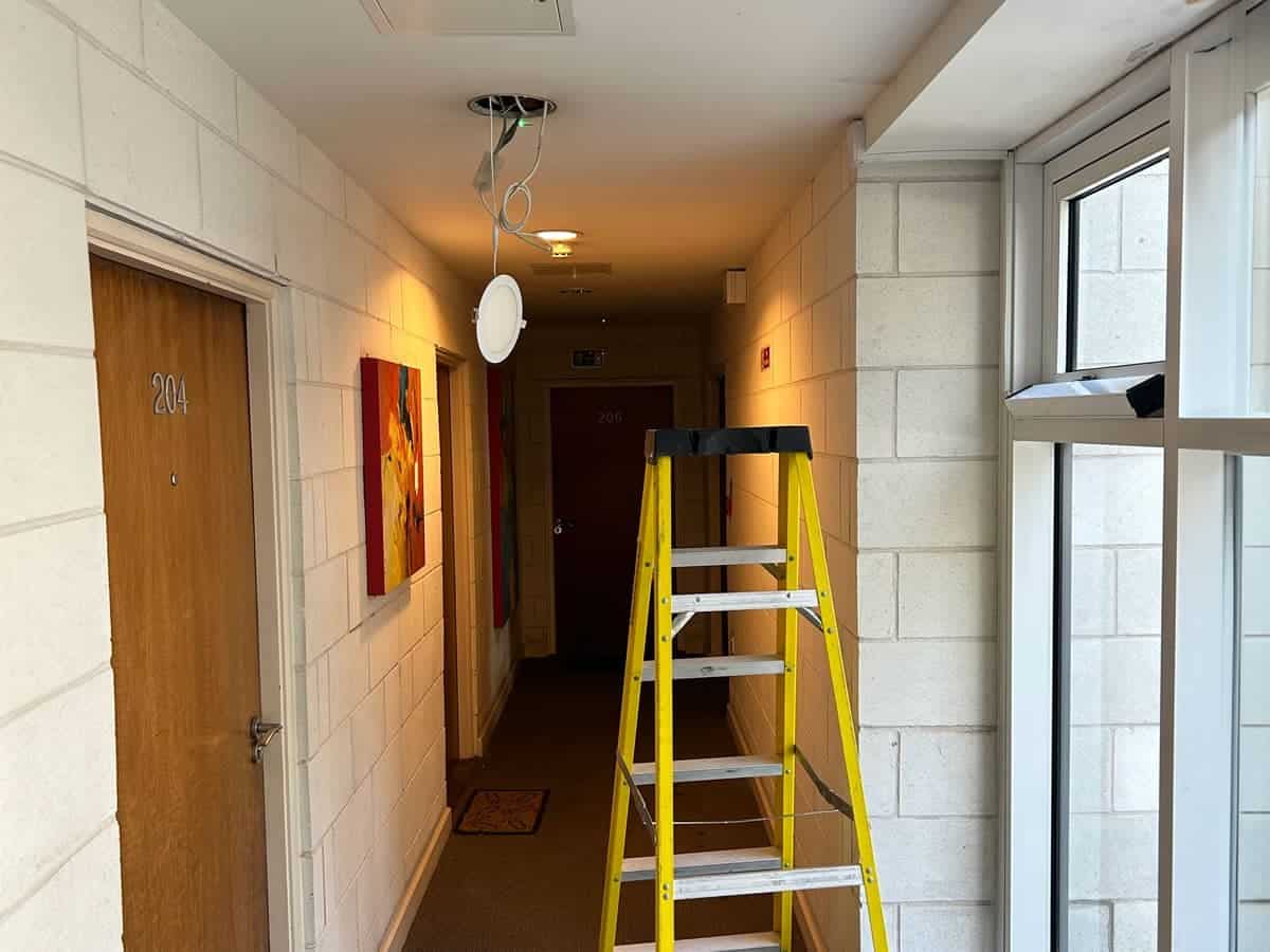 ladder set up to do EICR testing on lights